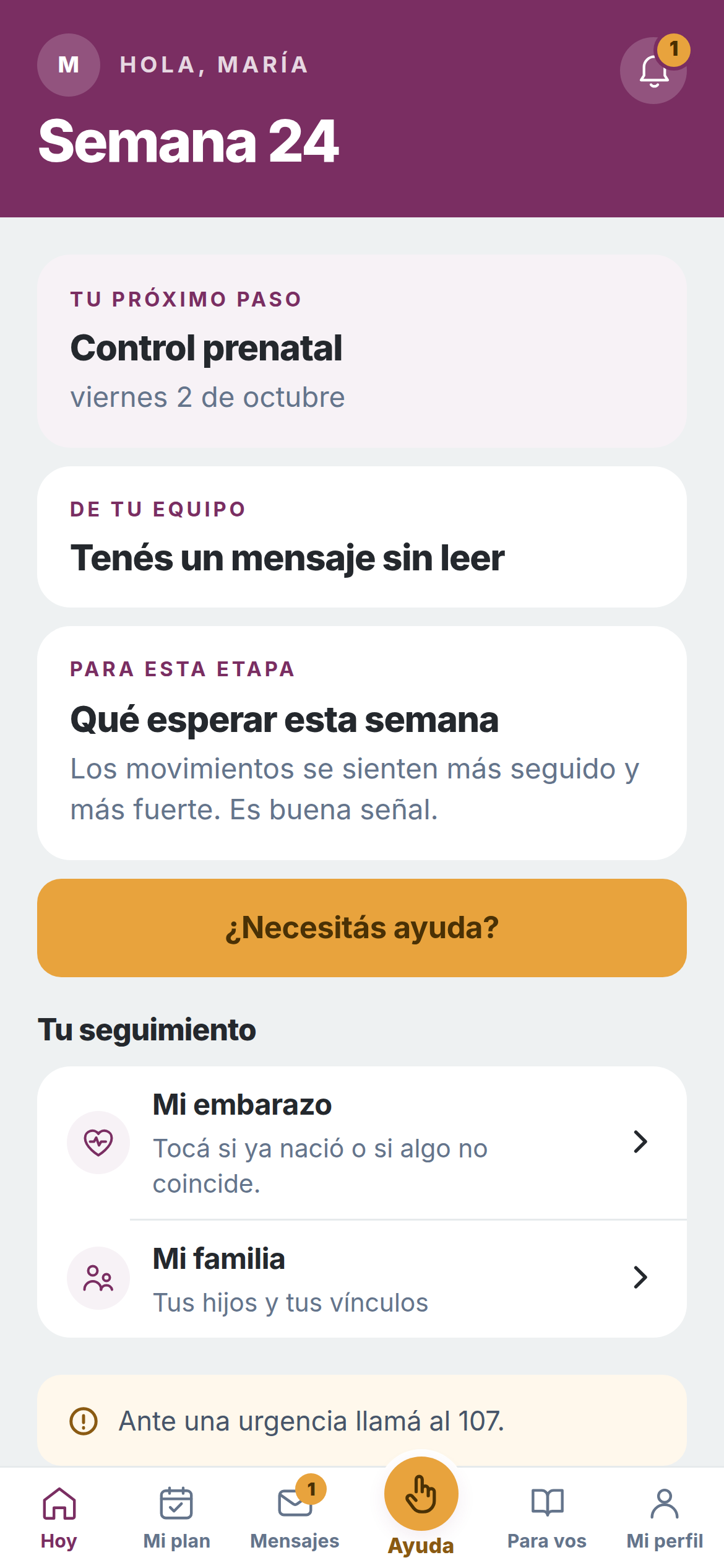 Pantalla de inicio con el seguimiento ya activo: «Hola, María — Semana 24»,
                  el próximo paso es un control prenatal el viernes 2 de octubre, un mensaje
                  sin leer del equipo y el material de la etapa.